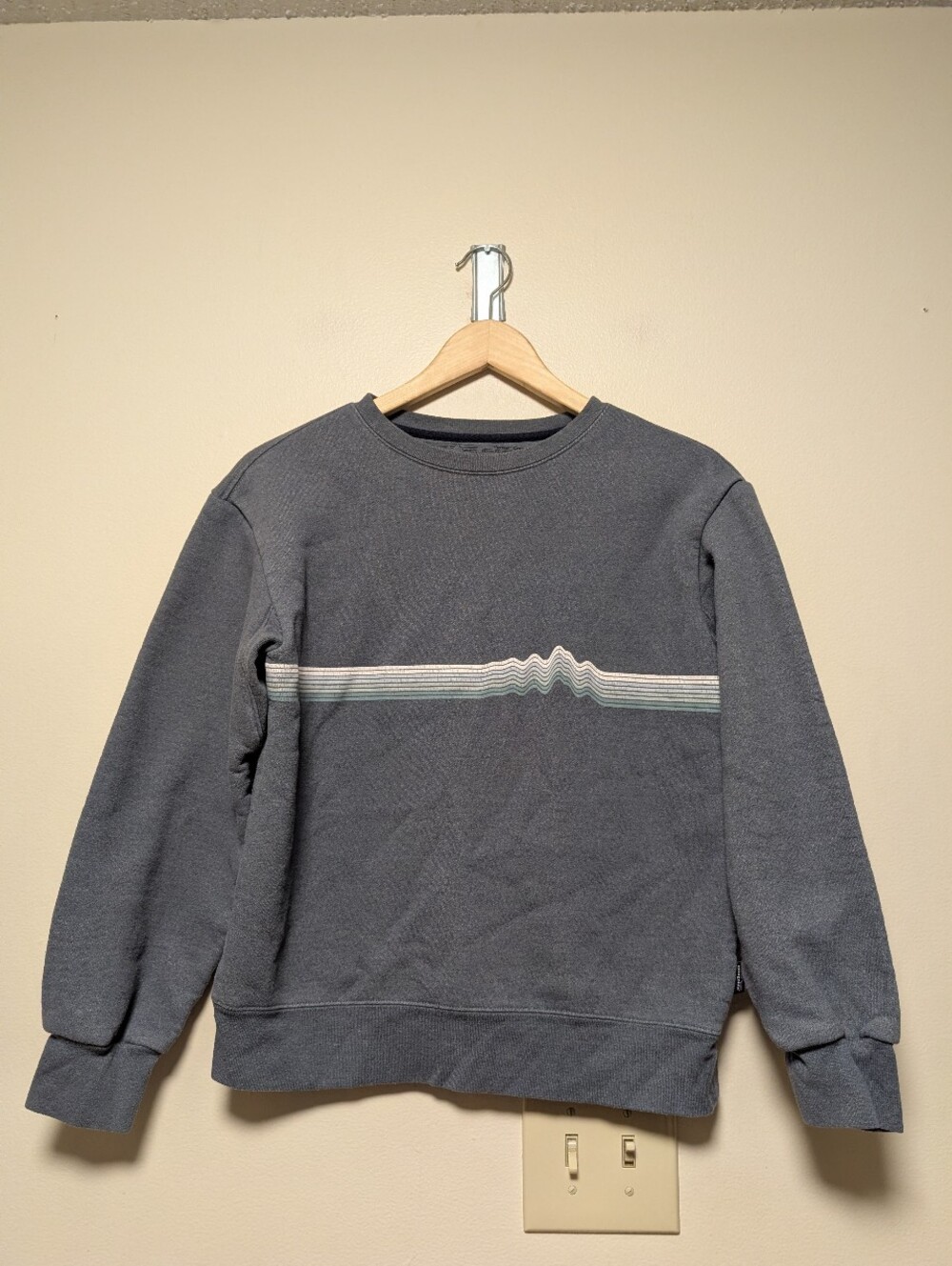 Patagonia Blue Grey Crewneck Sweatshirt Wave Stripe Graphic Size XS